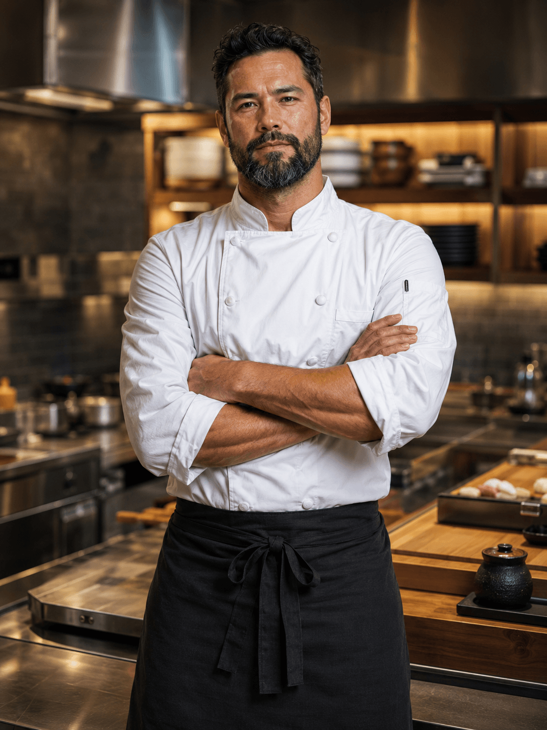 Professional sushi chef preparing omakase in a modern Japanese kitchen