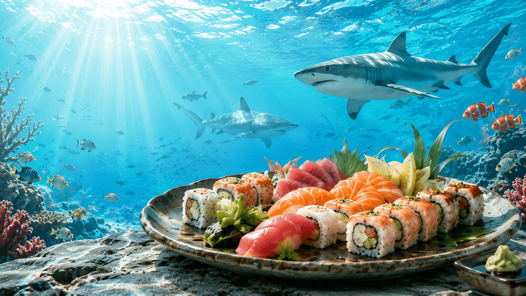 Luxury sushi platter in an underwater restaurant atmosphere with sharks and tropical fish
