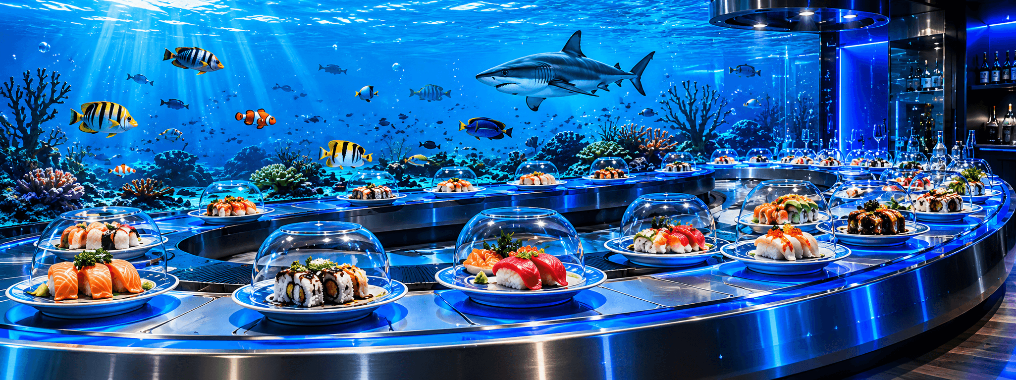 Interactive sushi conveyor experience with plates moving through an ocean-inspired dining room